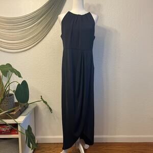 Shona Joy Draped Halter Tulip Dress Navy US Women's Sz 10 Ruched Midi Sleeveless